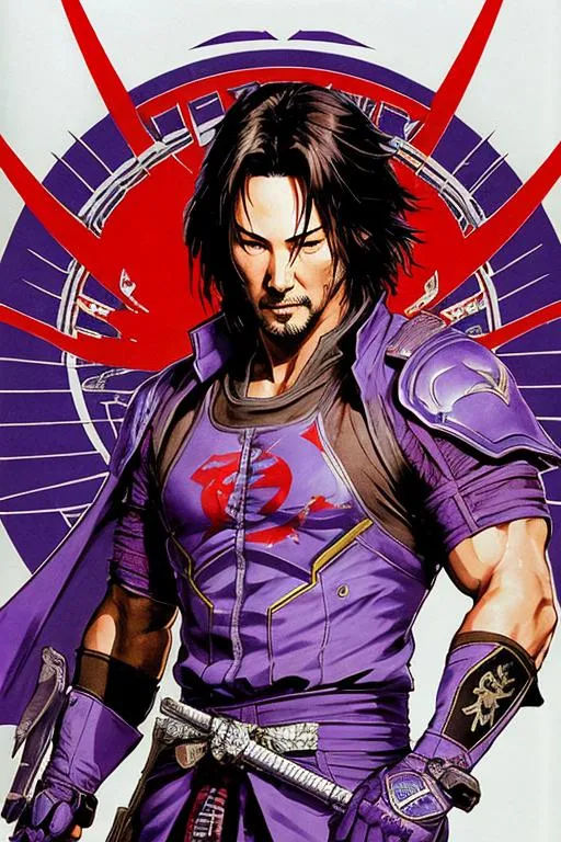 Prompt: (((Yoji Shinkawa))), sticker of ultra detailed portrait of Keanu 
Reeves as Ryu Hayabusa from Ninja Gaiden, costume in purple. high quality cell shaded illustration in post apocalyptic style by Yoji Shinkawa, ((full body)), dynamic pose, perfect anatomy, centered, freedom, soul, silver , approach to perfection, cell shading, 4k , cinematic dramatic atmosphere, watercolor painting, global illumination, detailed and intricate environment, artstation, concept art, fluid and sharp focus, volumetric lighting, cinematic lighting, Art by Yoji Shinkawa,