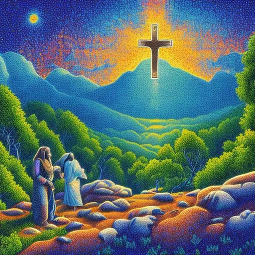 Prompt: Jesus on cross in front, Creation in Genesis, trees, sky, water, Mountains, animals, pointillism, brightly colored, highly detailed, 4K