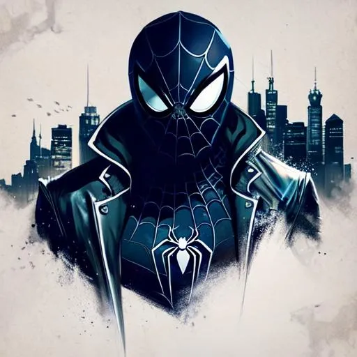 Prompt: Symbiote Spider-Man, Super powers, cool, Background Is a City 2099