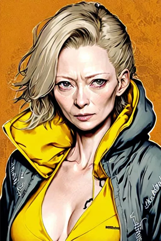 Prompt: (((Yoji Shinkawa))), sticker of ultra detailed portrait of Tilda Swinton, 67 years old, in yellow hooded magic robe. high quality cell shaded illustration in post apocalyptic style by Yoji Shinkawa, ((full body)), dynamic pose, perfect anatomy, castle setting, magician, centered, freedom, soul, grey and blonde short hair, approach to perfection, cell shading, 4k , cinematic dramatic atmosphere, watercolor painting, global illumination, detailed and intricate environment, artstation, concept art, fluid and sharp focus, volumetric lighting, cinematic lighting, Art by Yoji Shinkawa,