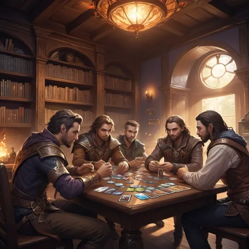 Prompt: group of male friends sitting around a table playing magic the gathering, fantasy style