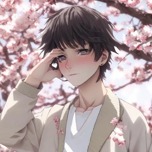 Prompt: a photorealistic anime boy with soft white hair sitting against a cherry blossom tree with petals falling down. he is wearing a white shirt and a beige cardigan. his pants are dark beige and go down to his ankles. he is wearing high-top shoes and has a white bucket hat on.