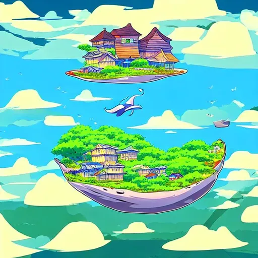 Prompt: Flying island beautiful flying whale small village old houses anime style lost civilization