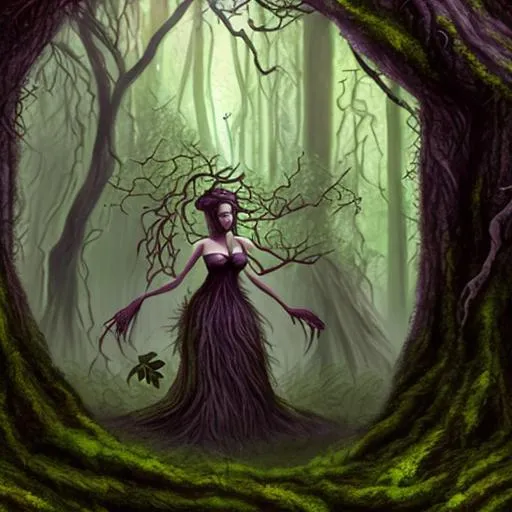 Prompt: dark Fantasy magic forest dryad