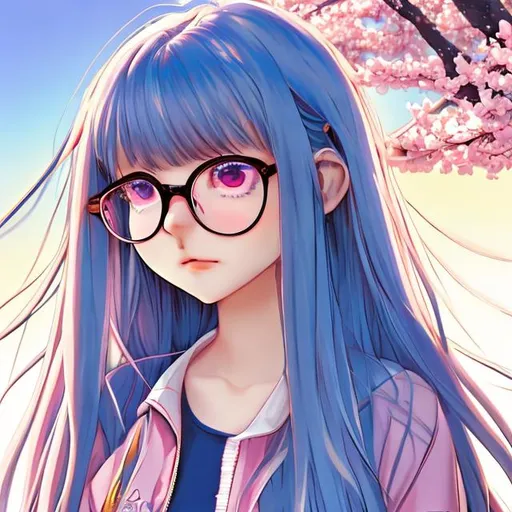 Prompt: manga girl, blue long straight hair, blue bangs, sun set, cherry blossom, little blush, glasses, pink jacket, blue eyes, masterpiece 








