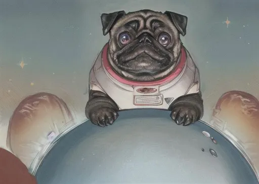 Prompt: super powerecd pug eats sausages while observing the humans from space worried with concern