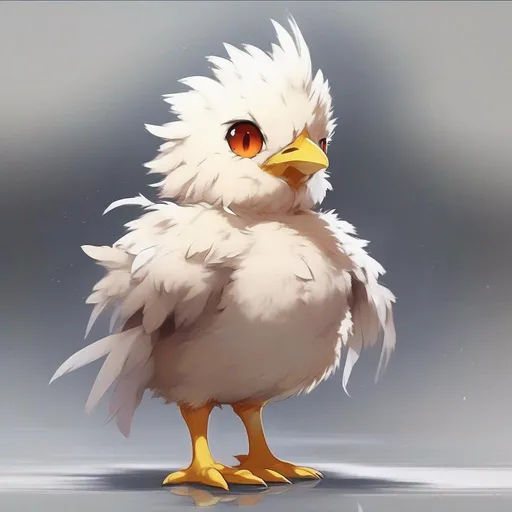 Prompt: Chick Digimon covered in soft feathers. Its eyesight is extremely great, Its personality is intensely curious, showers down blinding feathers when angry, Masterpiece, best quality
