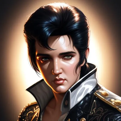 Prompt: Elvis Presley, captured in a detailed 8k resolution render with dynamic lighting and intricate details. Created by renowned artists Greg Rutkowski, Artgerm, and WLOP, the artwork features triadic colors and was made using Unreal Engine 5. It is currently trending on Artstation as a hyperdetailed and intricately detailed splash art.