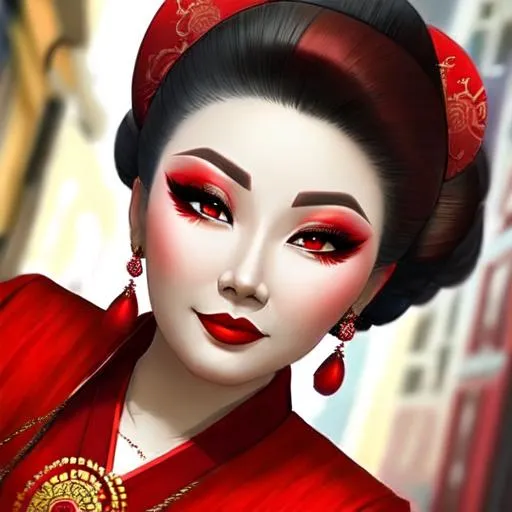 Prompt: Ruby lady-asian lady all in red, pretty makeup, elegant, nice clothes, facial closeup