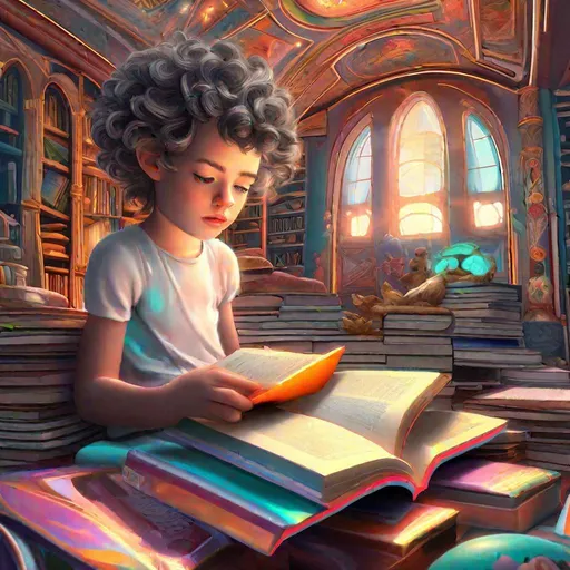 Prompt: hyperdetailed non-realistic illustration of an enchanted beautiful child reading books, portraied inside a futuristic maximalist hyperdetailed room. in the style of Caravaggio, Michelangelo, Paul Gauguin, with flemish baroque vibrant shiny maximalist 3d textures in soft pastel tones. matte background. HD 8x sharp