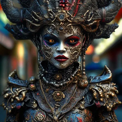 Prompt: "uhd photorealistic authentic psychotic angry madman wearing ornate voodoo costume, intricate details, vivid colors, frightening surroundings, correct details, in the style of amano, karol bak, akira toriyama, and greg rutkowski"
"a face portrait of a very creepy haunting demonic evil tin toy fairytale female in armour stood on a street, highly detailed closeup, unreal engine, nicoletta ceccoli, mark ryden, earl norem, lostfish, global illumination, intricate, octane rendering."
"Insanely detailed immersive cinematic face portrait photography of a majestic beautiful intricate and hyperdetailed painting by Ismail Inceoglu Huang Guangjian and Dan Witz CGSociety ZBrush Central fantasy art album cover art 4K 64 megapixels 8K resolution HDR"