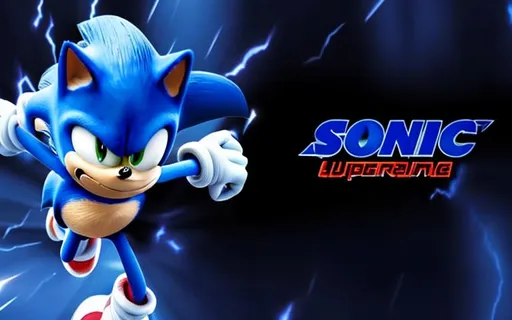 Prompt: sonic corriendo con rayos supersonicos y con el logo de la pelicula