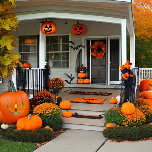 Prompt: Create a fall themed porch with Halloween decorations 
