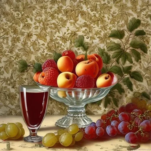 Prompt: an oil painting of a glass cup full of a variety of fruits the background is a white victorian wallpaper