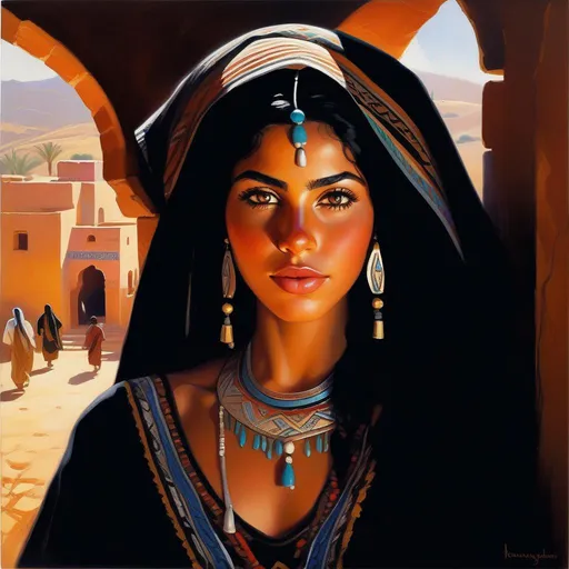 Prompt: Amazigh girl, light skin, black hair, dark brown eyes, in Algeria, cartoony, sunny atmosphere, extremely detailed painting by Greg Rutkowski and by Henry Justice Ford and by Steve Henderson