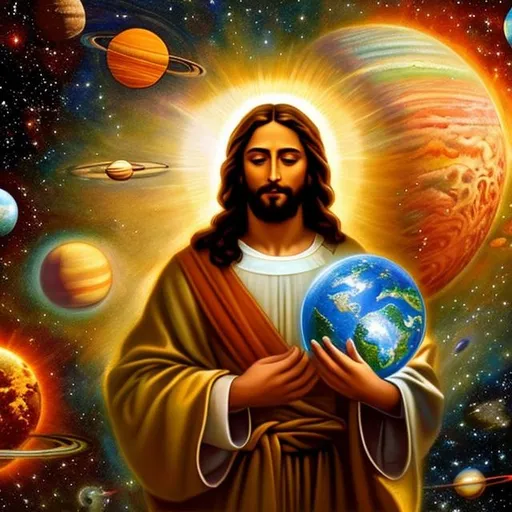Prompt: Jesus holds the Earth lovingly, very detail face of Jesus,  finger like human body, perfect body, angels surround Jesus, the solar system is full of spar, Full HDstars