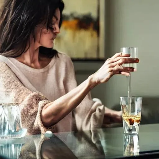 Prompt: A woman at home alone reaching for a glass of alcohol she knows she shouldn't drink.  the drink is in a glass still on a table and he's really thinking about it.