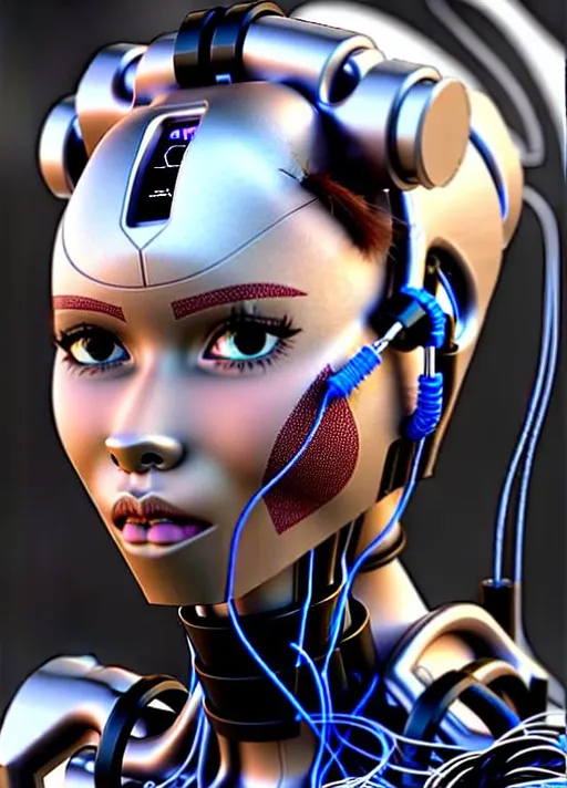 Prompt: beautiful adult cyborg girl, thick cables attached to body. enhance face, enhance body.