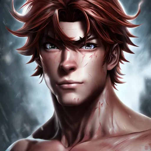 Prompt: Anime male (Red side-swept hair covering his right eye) muscular, UHD, 8K, Highly detailed, insane detail, best quality, high quality.