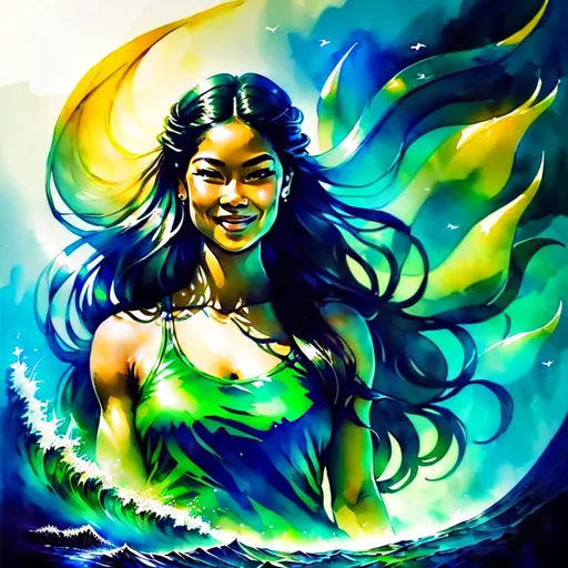Prompt: SFW, (Hyperrealistic, highly detailed, wide shot of Black mermaid)
Benevolent, beautiful, wise, playful, smiling, long hair, amazing scenery,  tropical sea