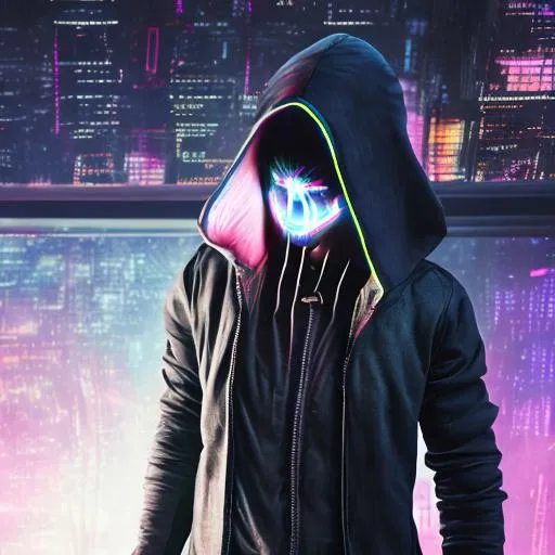 Prompt: Quality, 8k, cyberpunk, neon back lighting, masked hooded figure, heartbroken, glowing mask