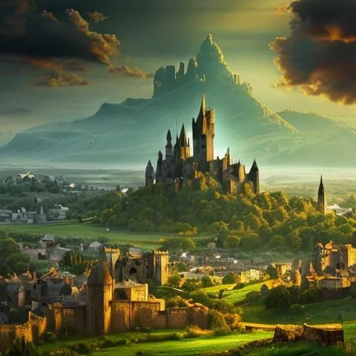 Prompt: fantasy medieval landscape with distant castles, hills, statues, villages
