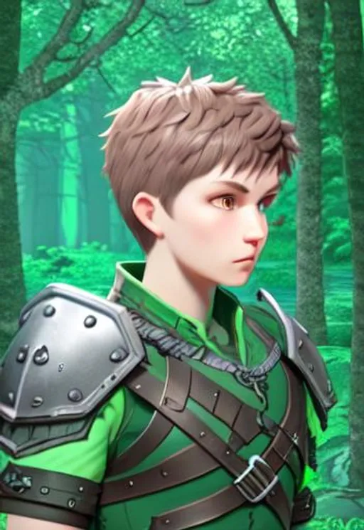 Prompt: Digital art, a 21-year-old viking man, short brown hair, viking forest, green gear, silver armor, light green eyes, Tidal Class seal on chest armor, unreal engine 8k octane, 3d lighting.