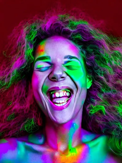 Prompt: Woman with psychadelic  crooked smile, turning into music and energy

