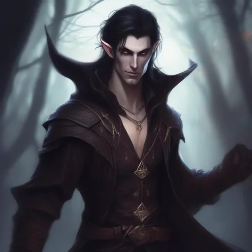 Prompt: male fey elf dnd arcane trickster hi res, vampire hunter d looking elf, sinister, dark hair, badass, glowing eyes