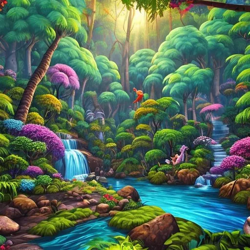 Prompt: paint a lush forest scene with tall trees, colorful flowers, and friendly animals. They could include elements like sunlight filtering through the leaves, a babbling brook, and birds singing in the distance.