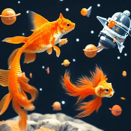 Prompt: A battle between goldfish and cats in outer space
