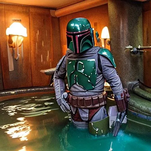 Prompt: Boba Fett in polynesian spa