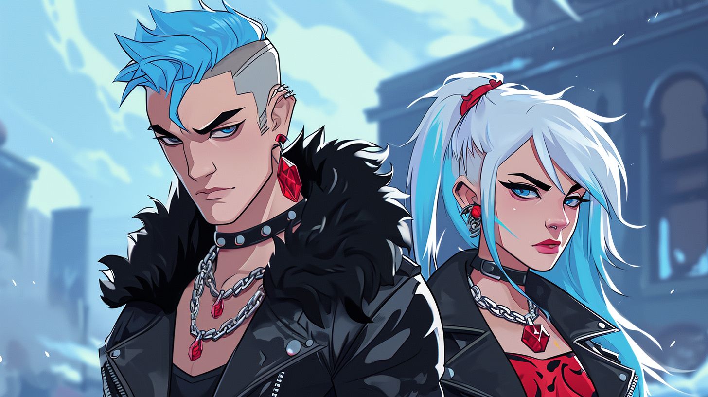 Prompt: cartoon, anime, young adult male with full ice blue side shaved haircut, Black leather jacket with black fur around the rim, red ruby diamond necklace, bright blue devious eyes, red earing, red and black shirt, with sister who has long white side cut, blue eyes, pouty face, black jacket with black fur rim and red shirt --ar 16:9 --v 6.0