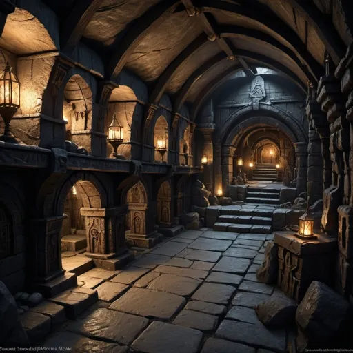 Prompt: Dwarven underground town in Warhammer fantasy RPG style, dark mood, eerie atmosphere, dimly lit, various randomly placed houses, realistic, detailed stone carvings, intricate metalwork, rugged dwarven architecture, atmospheric lighting, high quality, RPG style, fantasy, underground, dim lighting, detailed stone carvings, intricate metalwork, rugged architecture, dynamic view