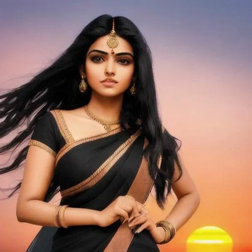 Prompt: beautiful indian woman, jet black hair, beautiful tower, princess, sunset background,
