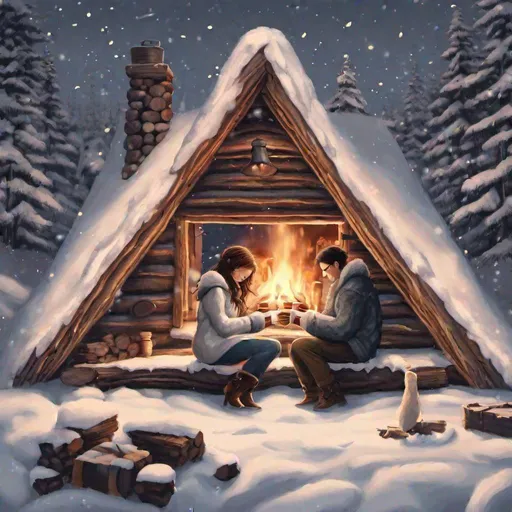 Prompt: there's nothing in this world that can express how much i love you, glow, love, hearts, boy and girl couple inside a log cabin snuggled up together in front of a log fire trying to keep warm, wrapped in blankets with hot coco besides them, white, silvery snow outside 