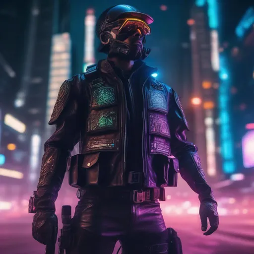 Prompt: A ultra realistic menacing psychedelic cyberpunk cop at night in a futuristic São Paulo, complex realistic build, leather uniform adorned with glowing runes, big boots, big weapon. realistic photography