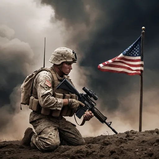 Prompt: (U.S. Marine Corps flag) (American Flag), soldier kneeling, intense battle scene, dramatic atmosphere, strong expression of determination, detailed military gear, vivid colors, ultra-detailed, high-resolution, dynamic composition, background of chaotic warfare, muted tones juxtaposed with vibrant flag colors, conveying honor and valor, powerful storytelling, impactful imagery, cinematic quality.