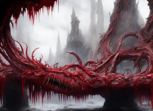 Prompt: ((masterpiece, best quality)),A detailed 8k photograph of a MONSTER MADE OF blood and VEINS acting as a bridge between two viking villages ,ultra realistic, concept art,((highly detailed)),8k,bloody,disgusting,creepy,fleshy texture, gory, disgusting,dripping, has a face hidden in it, blood dripping, alien
