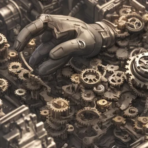 Prompt: top down view of an android hand punching through a pile of gears, 1920x1080
