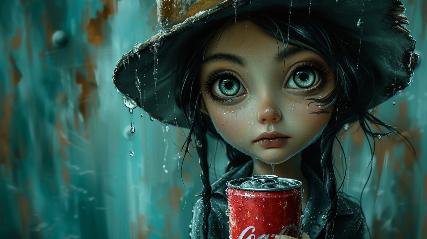 Prompt: a painting of a woman holding a can of soda, digital art, inspired by Mark Ryden, deviantart contest winner, anton semenov, trending on deviantarthq", monalisa, vinyl toy figurine, dilapidated look, heavy green, nvidia and behance, portrait of evil girl, fernando guerra, begging, garbage pail kids style