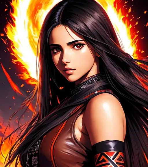 Prompt: Manga cover art. Naomi Scott with brown long hair, wearing brown well oil leather tribal cueitl war dress, intricate tribal village, realistic face, emotional lighting, cover logo "Azmaat" , character illustration by Ilya Kuvshinov, chainsaw man, fire punch 