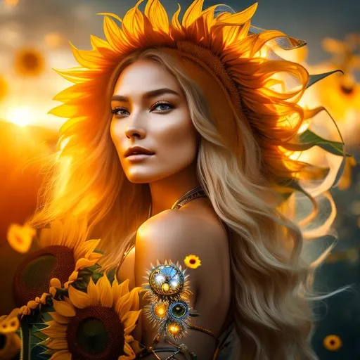 Prompt: cyborg sunflower maiden goddess with blonde flowing hair with multiple sunflowers on a crown, 8k resolution, A Masterpiece, Art station, Great Composition, Covered In Flowers, full body portrait, insanely detailed, outside, ambient lighting, hyper realistic, beautiful symmetrical face, fantasy, regal, 