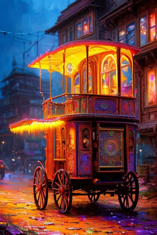 Prompt: a gypsy wagon. acrylic palette knife, Octane render, hyperrealism, intricate details, dramatic lighting, highly detailed, digital painting, high quality, delicate face, facial details, highly detailed face, Sharp, perfect eyes, colors Fiery orange, electric pink, vibrant purple, dark gray, neon yellow. Style of Pascal Campion