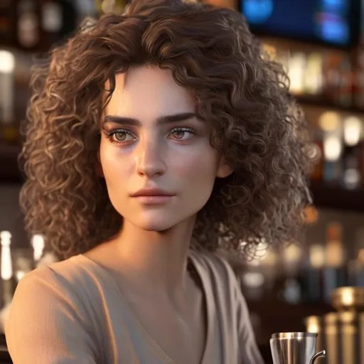 Prompt: hyperrealistic  ultra detailed close up young italian woman take coffè at the bar.
She has curly brown hair