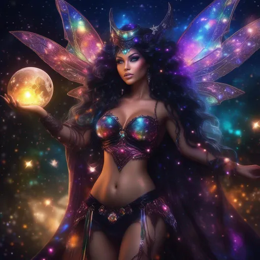 Prompt: A complete body form of a stunningly beautiful, hyper realistic, buxom woman with incredible bright, wearing a colorful, sparkling, dangling, glowing, skimpy, bo-ho, goth,  flowing, sheer, fairy, witch's outfit on a breathtaking night with stars and colors with glowing, hyper real mythical sprites flying about