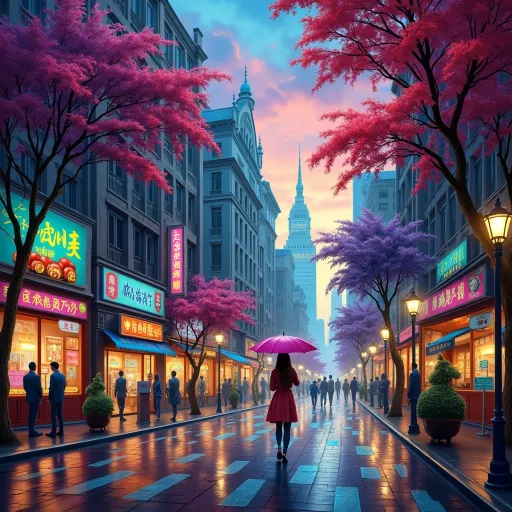 Prompt: A bright and colorful image of a woman walking down a street holding an umbrella in the rain, Evgeny Lushpin, fantasy art, highly detailed digital painting, a detailed matte painting