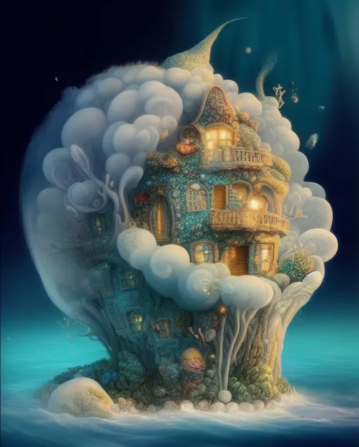 Prompt: a underwater house, made of a granulated seashell, intricate details, shimmer. art by James jean, Jacek yerka, Daniel Merriam, Dr Seuss, catherine abel.  Zbrush, vray tracing, chrome gradient colors. Highly detailed. Crispy quality.