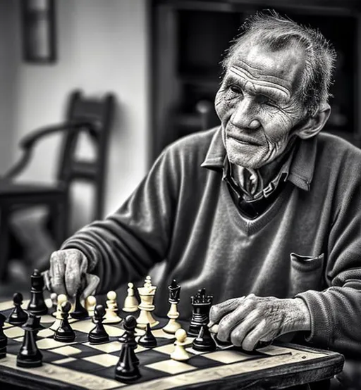 Prompt: Very old chess player. He has grandchildren. He is so skilled he can always win. 