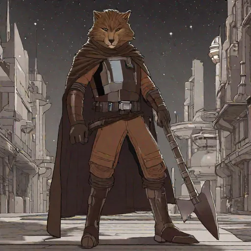 Prompt: A Cathar Male from Star wars. Dark brown fur. He wears a wears a metal bodice. wields a scifi axe. In background a shady street and a poor planet. Star wars art. 2d art. 2d. well draw face. detailed.